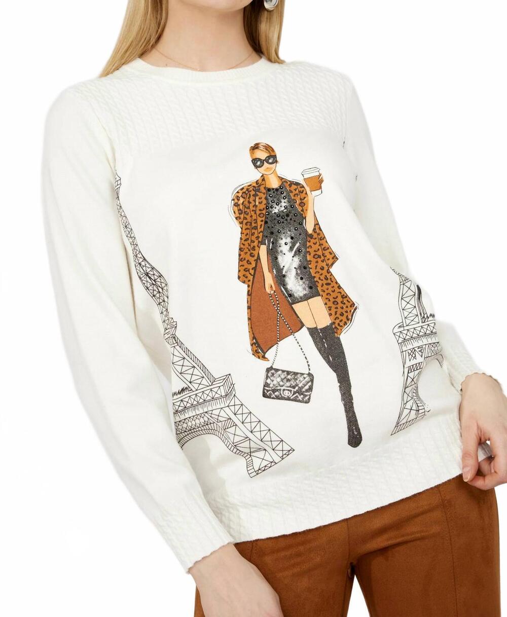 NEW FRANK LYMAN fashionable lady in paris graphic pullover sweater in off white